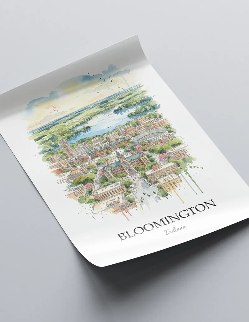 A close-up of a high-quality paper print featuring the Bloomington city minimalist design.