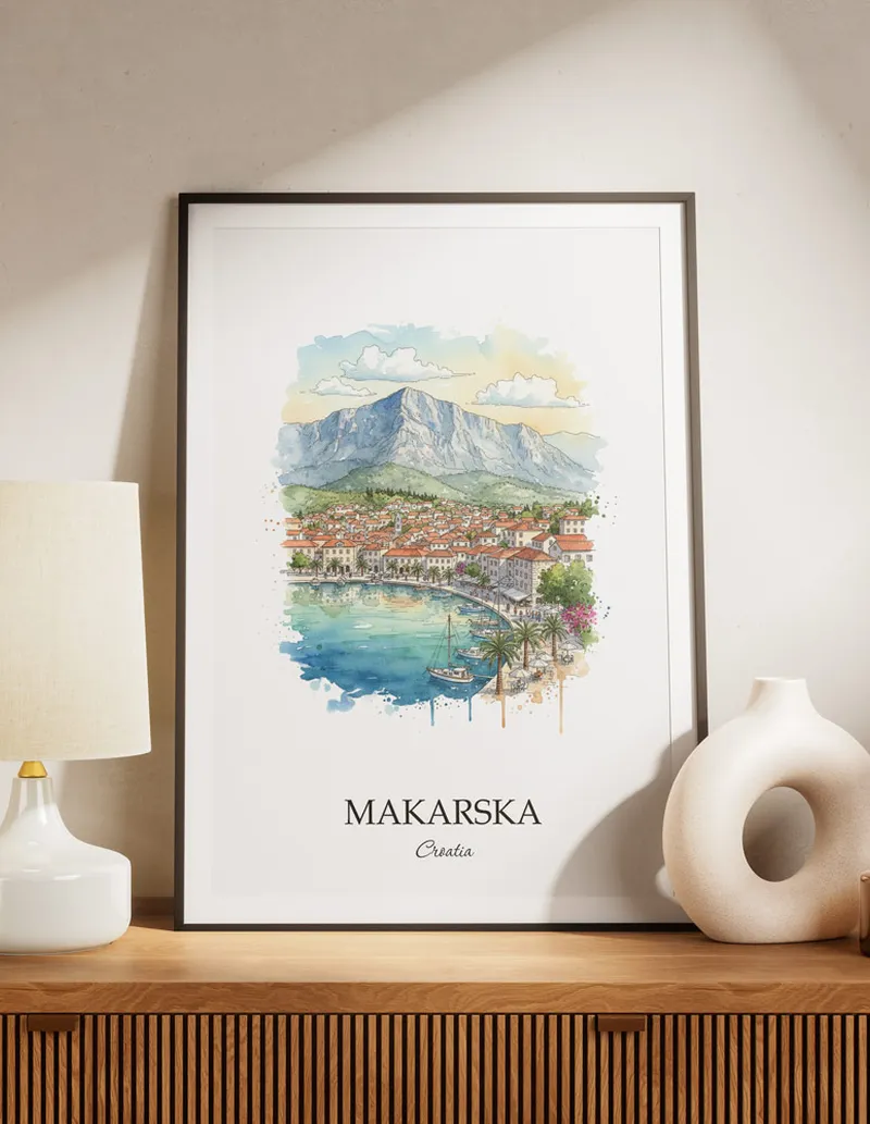 A lovely interior preview showcasing a vintage-vibe travel poster design of the scenic Makarska city.