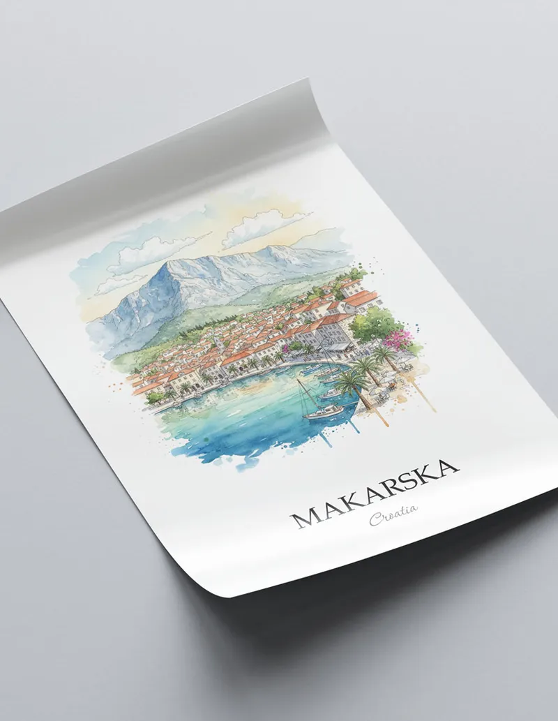 A close-up of a high-quality paper print featuring the Makarska city minimalist design.