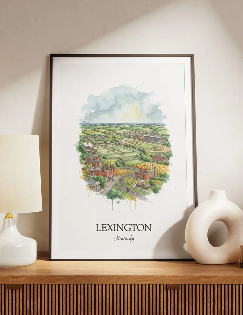 A lovely interior preview showcasing a vintage-vibe travel poster design of the scenic Lexington city.