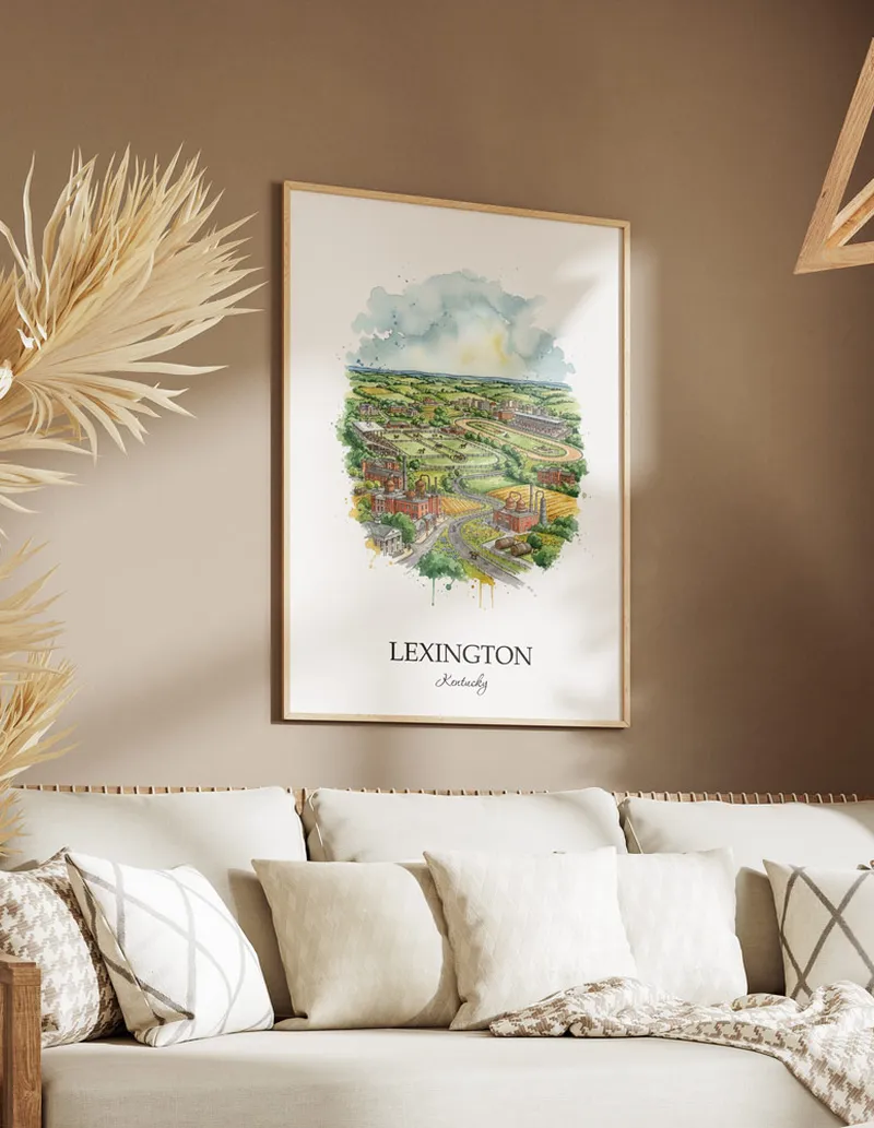 Vintage travel poster of Lexington city, USA - Kentucky in a light frame displayed above a sofa in a bright boho interior.