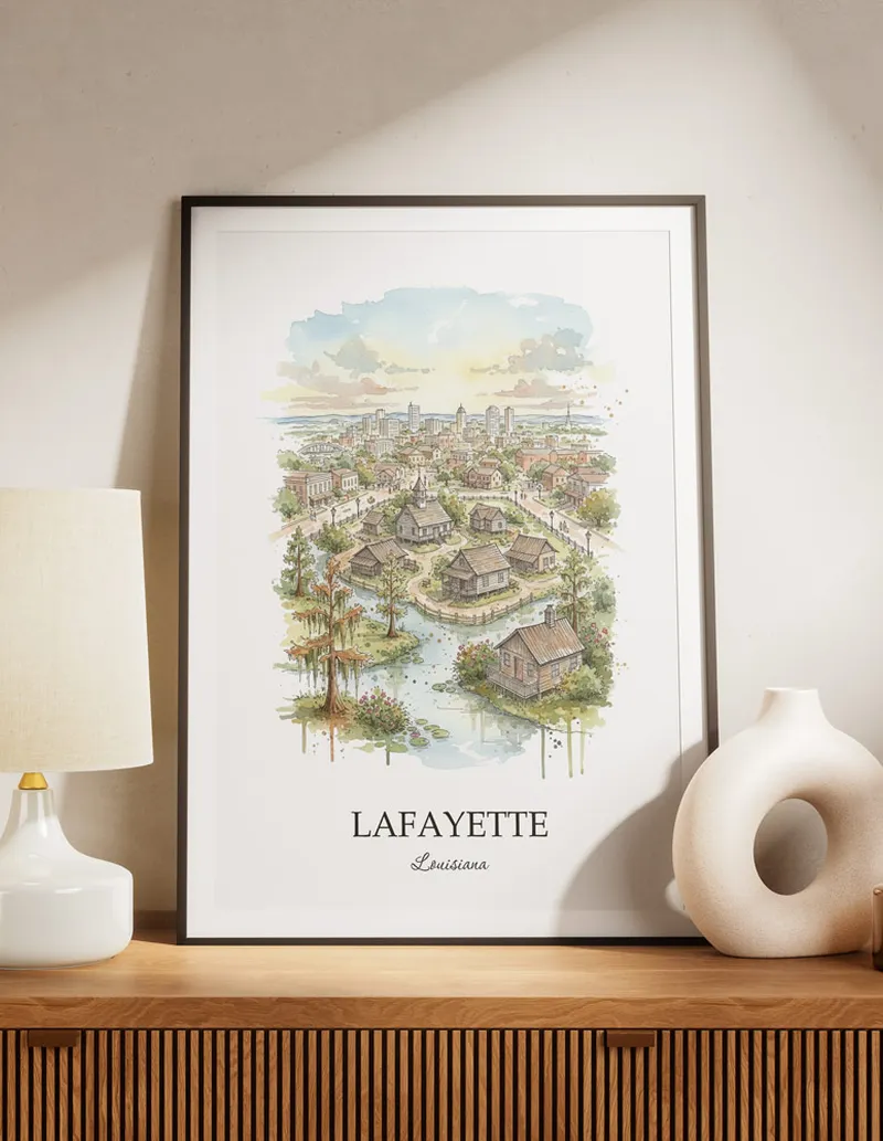 A lovely interior preview showcasing a vintage-vibe travel poster design of the scenic Lafayette city.