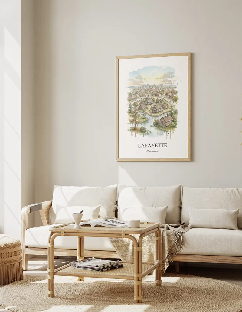 Framed wall art featuring Lafayette, USA - Louisiana in a light wood frame hanging above a sofa in a modern living room.