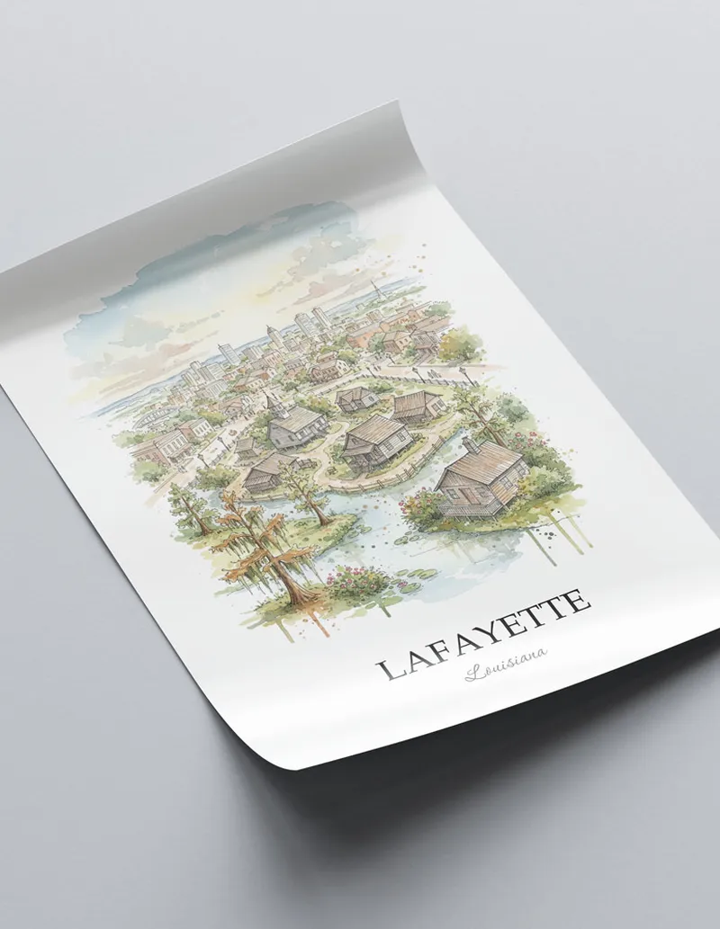 A close-up of a high-quality paper print featuring the Lafayette city minimalist design.