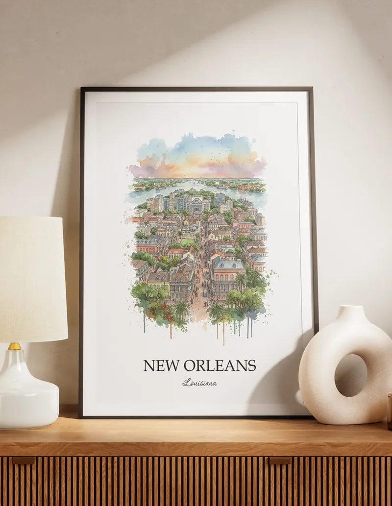 A lovely interior preview showcasing a vintage-vibe travel poster design of the scenic New Orleans city.