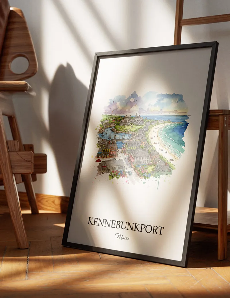 Minimalist poster of Kennebunkport city in USA - Maine in a light frame standing on the floor in a dark moody interior.
