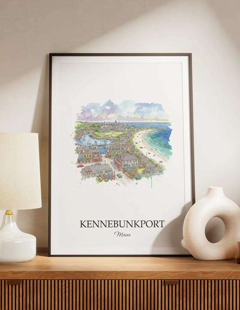 A lovely interior preview showcasing a vintage-vibe travel poster design of the scenic Kennebunkport city.