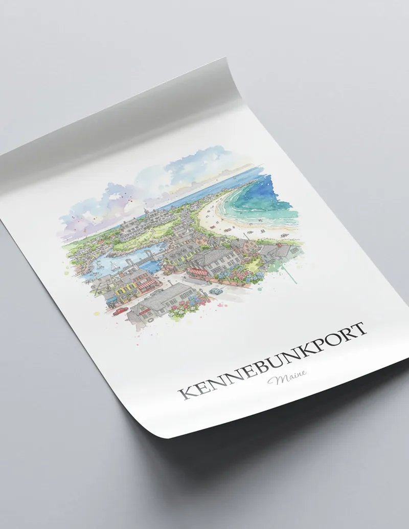 A close-up of a high-quality paper print featuring the Kennebunkport city minimalist design.