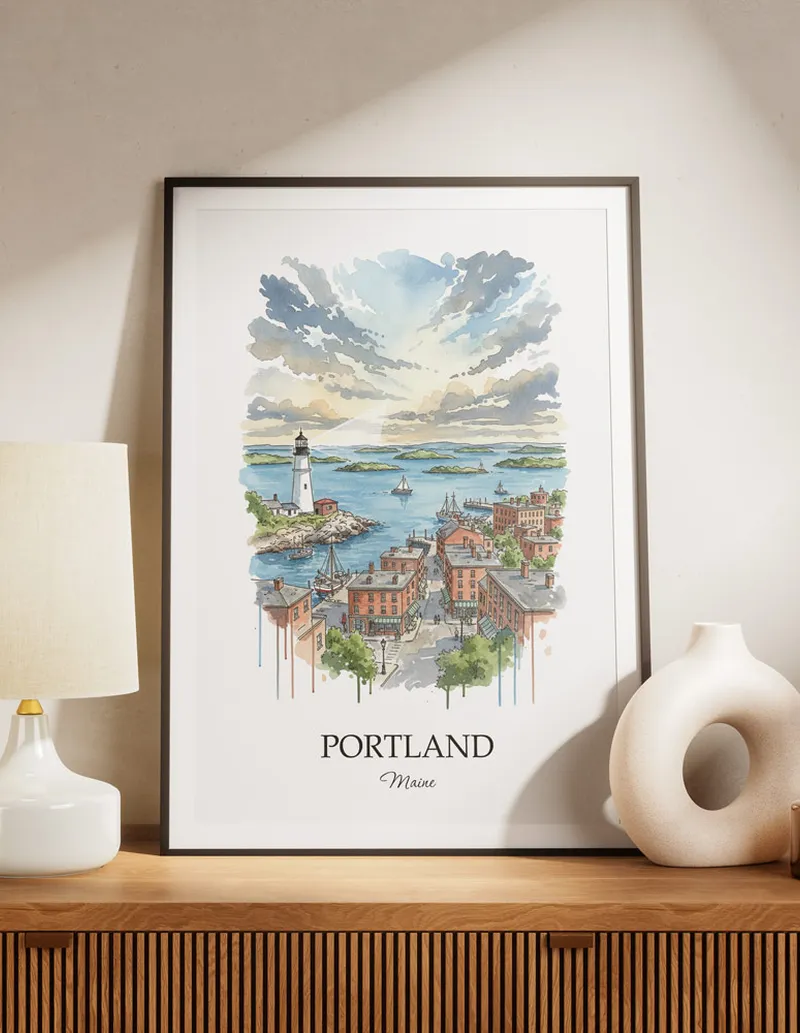A lovely interior preview showcasing a vintage-vibe travel poster design of the scenic Portland city.