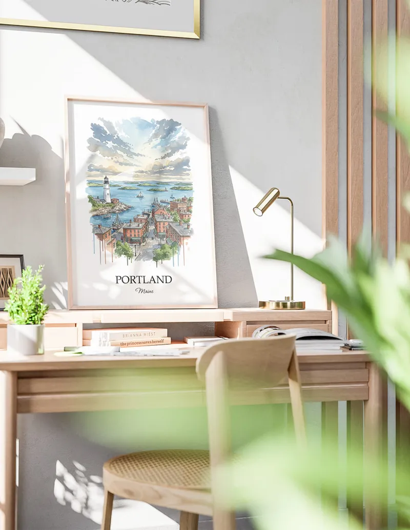 Cozy, well-lit workspace with a minimalist poster of Portland, USA - Maine in a light frame sitting on the desk.