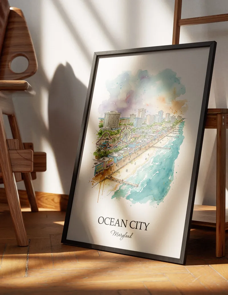 Minimalist poster of Ocean City city in USA - Maryland in a light frame standing on the floor in a dark moody interior.