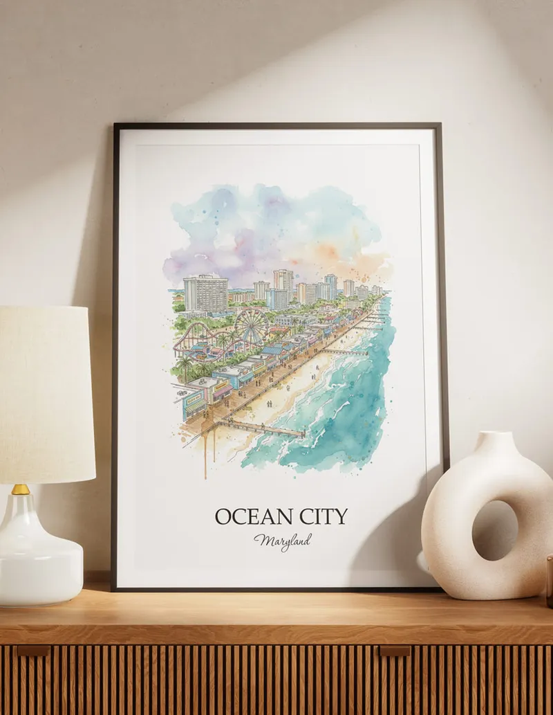 A lovely interior preview showcasing a vintage-vibe travel poster design of the scenic Ocean City city.