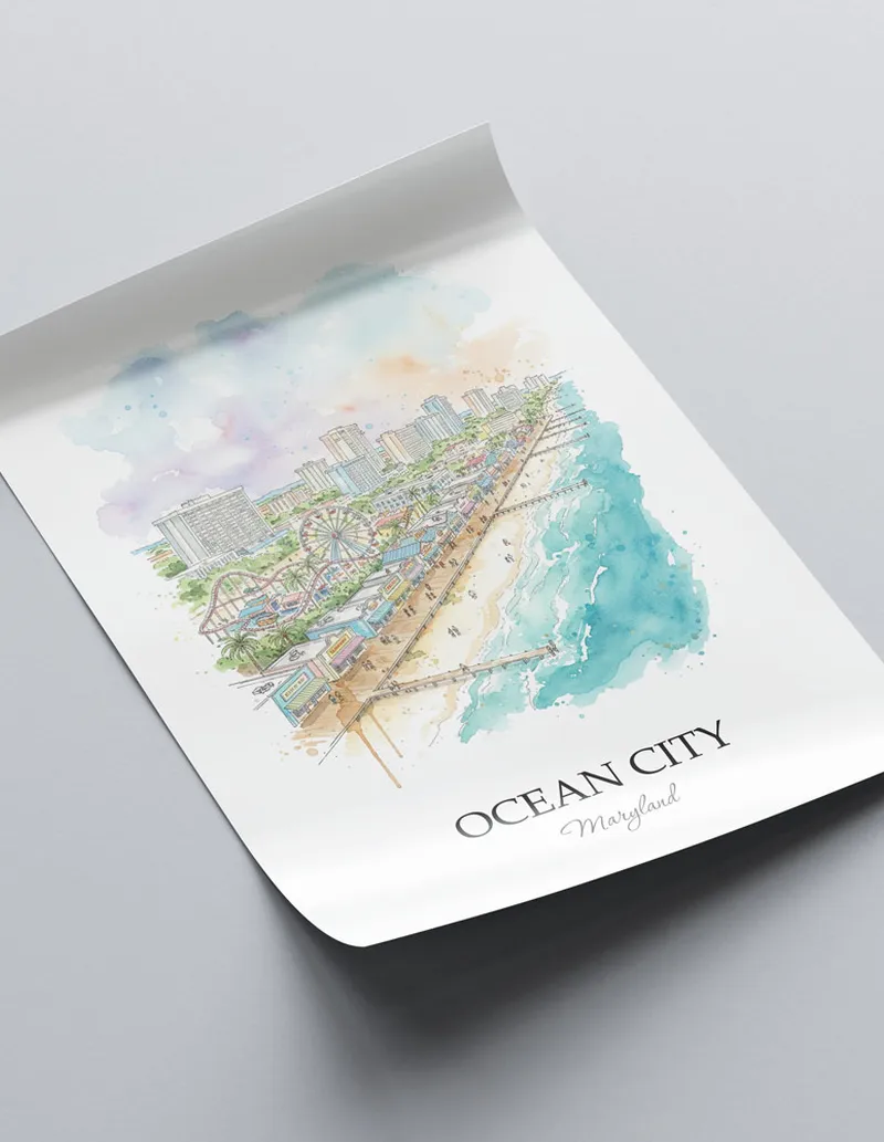 A close-up of a high-quality paper print featuring the Ocean City city minimalist design.