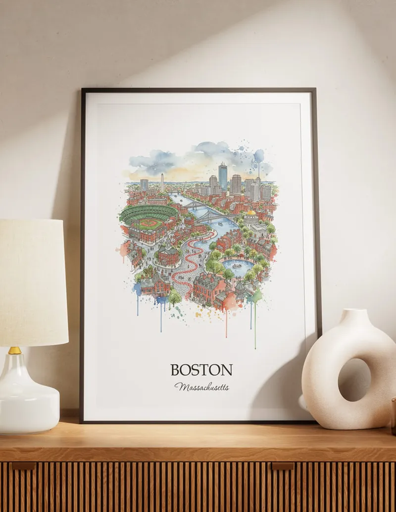 A lovely interior preview showcasing a vintage-vibe travel poster design of the scenic Boston city.