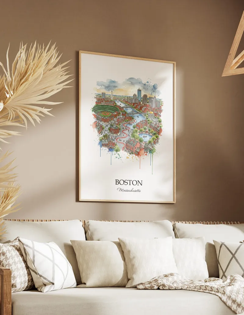 Vintage travel poster of Boston city, USA - Massachusetts in a light frame displayed above a sofa in a bright boho interior.