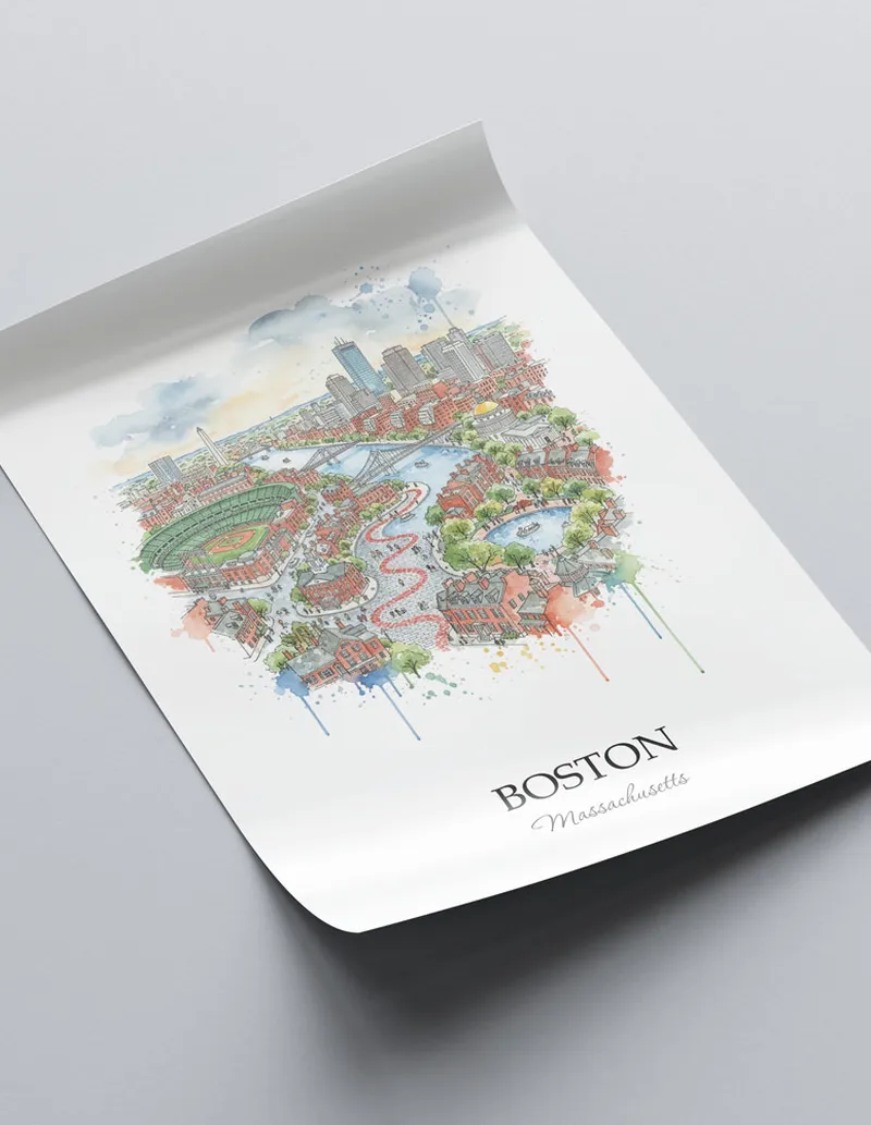 A close-up of a high-quality paper print featuring the Boston city minimalist design.