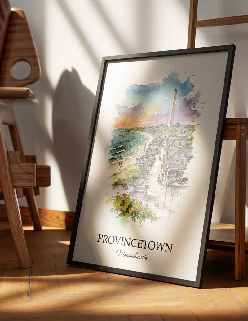 Minimalist poster of Provincetown city in USA - Massachusetts in a light frame standing on the floor in a dark moody interior.