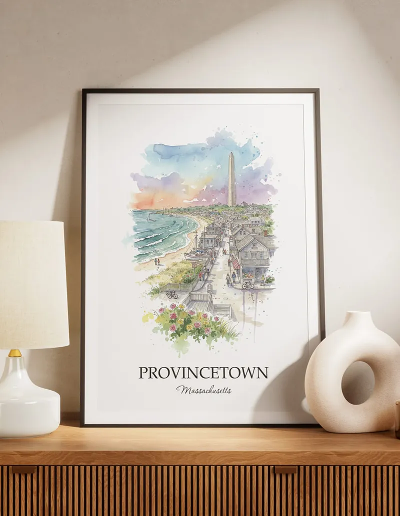 A lovely interior preview showcasing a vintage-vibe travel poster design of the scenic Provincetown city.