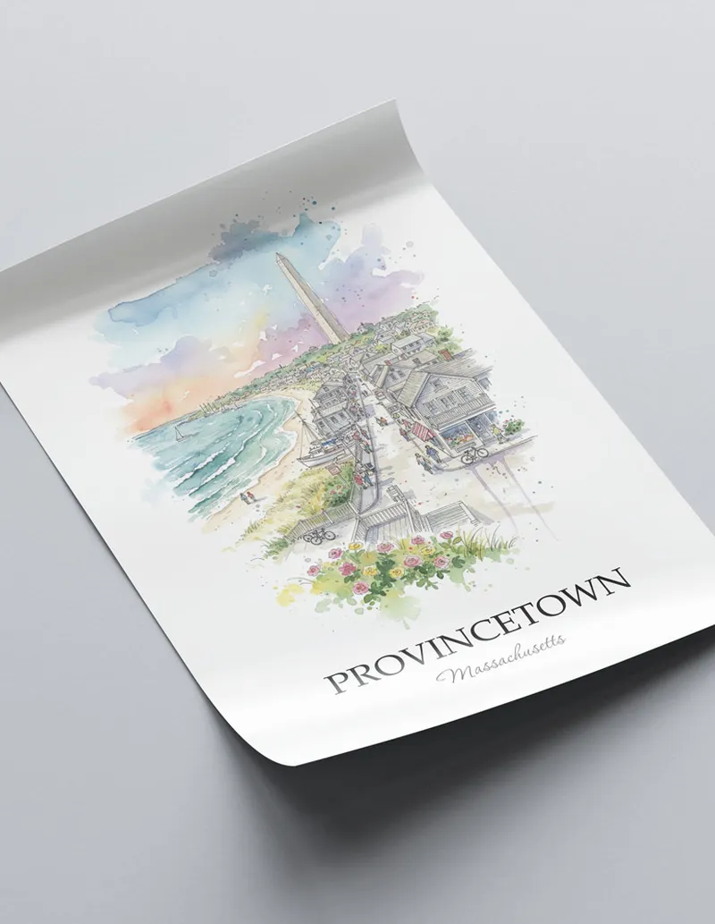 A close-up of a high-quality paper print featuring the Provincetown city minimalist design.
