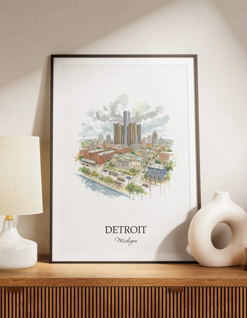 A lovely interior preview showcasing a vintage-vibe travel poster design of the scenic Detroit city.