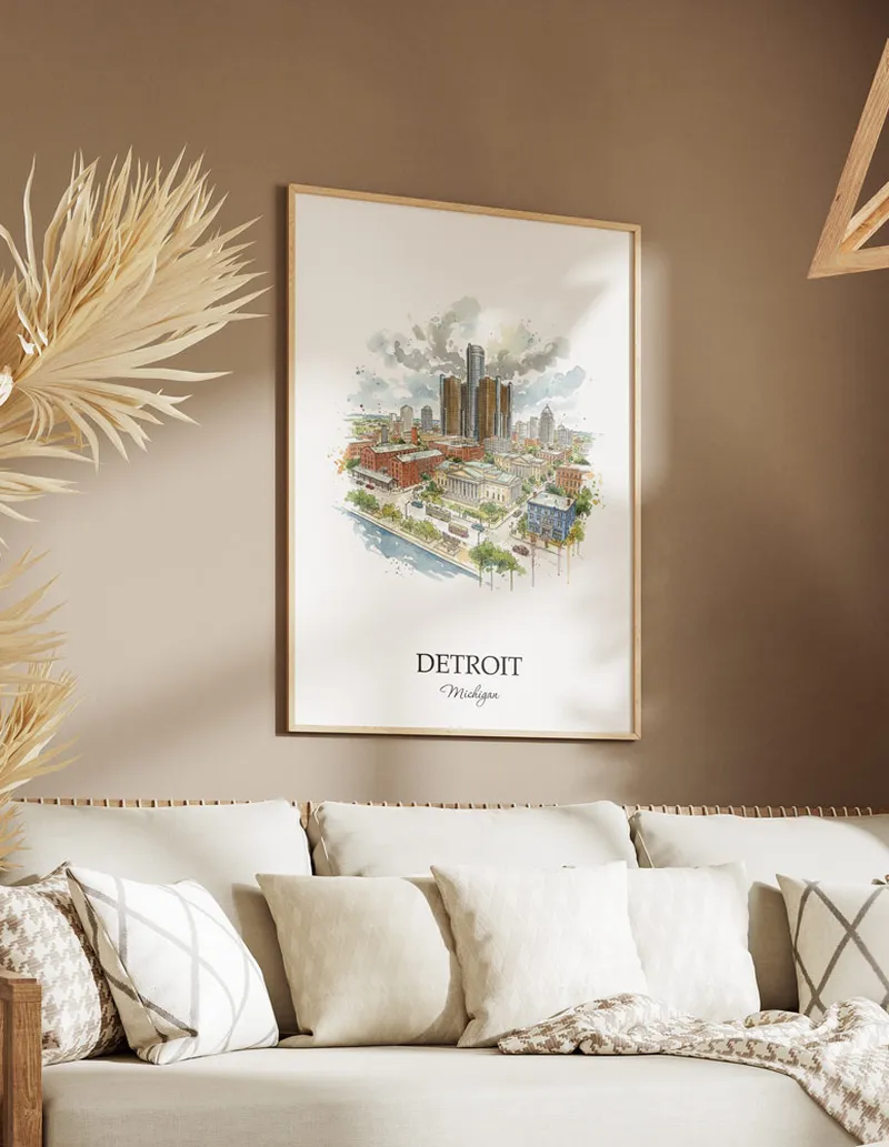 Vintage travel poster of Detroit city, USA - Michigan in a light frame displayed above a sofa in a bright boho interior.