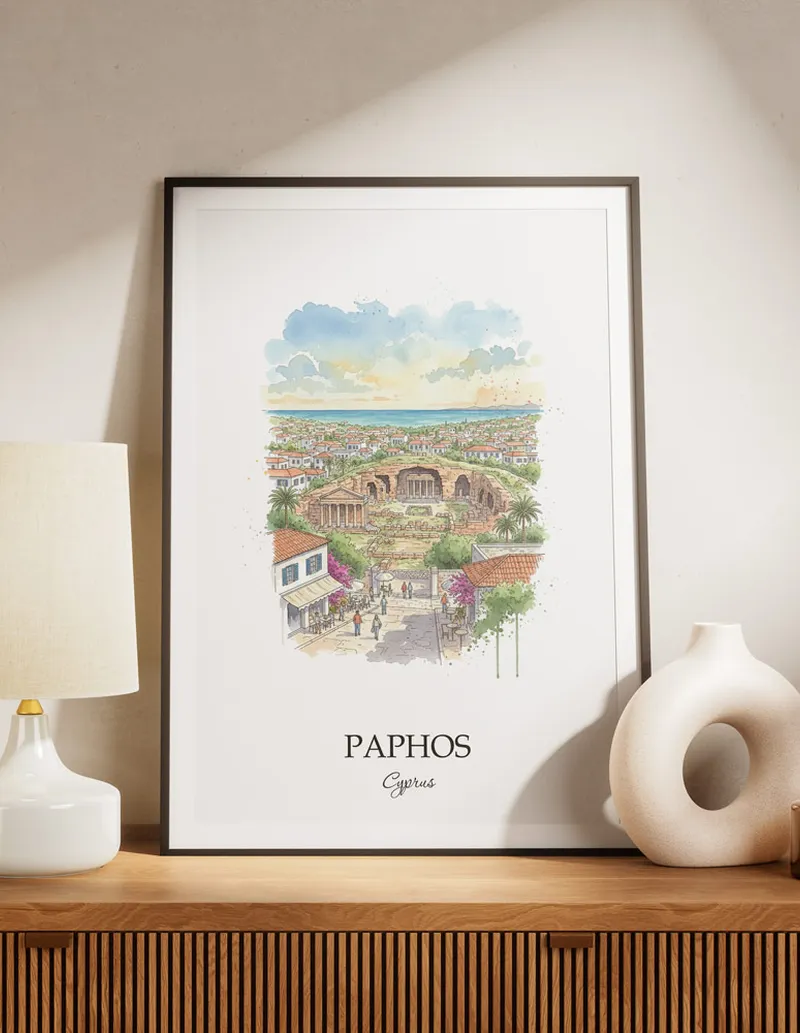 A lovely interior preview showcasing a vintage-vibe travel poster design of the scenic Paphos city.