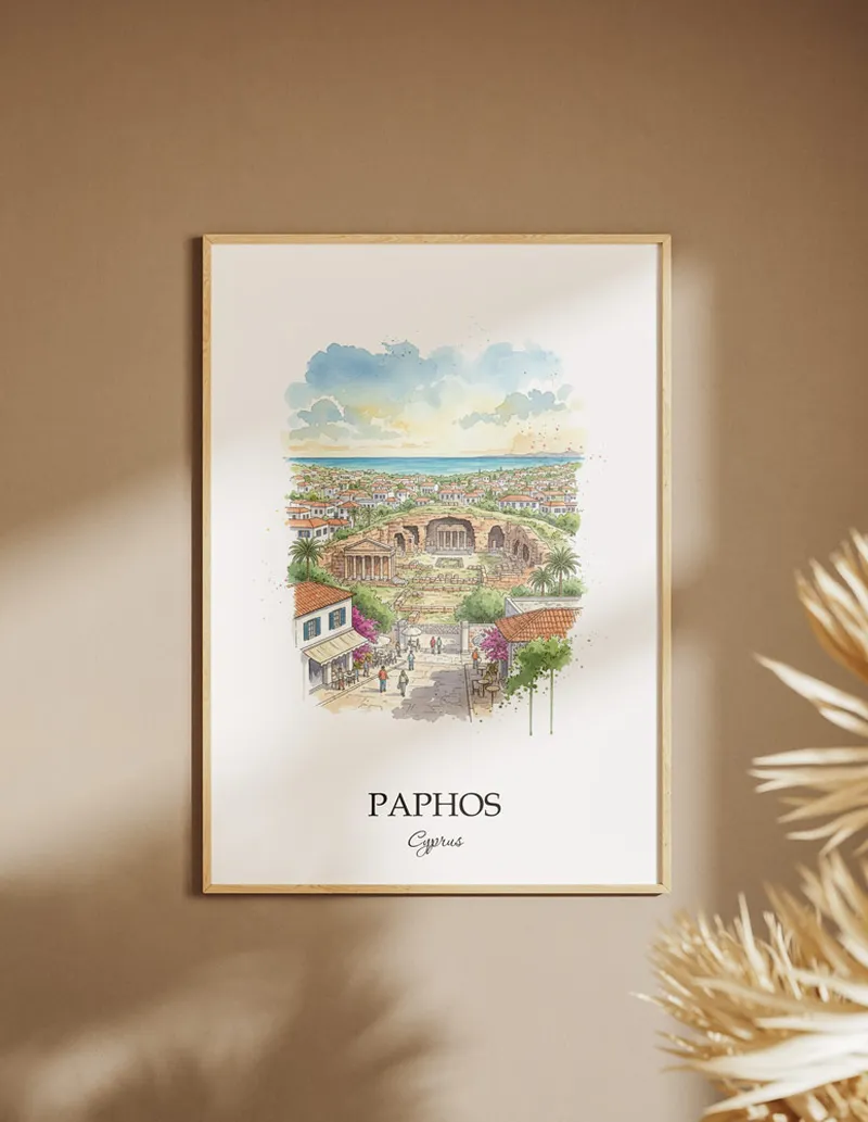 A clean and modern mockup showing a framed Paphos city print on a minimalist background.