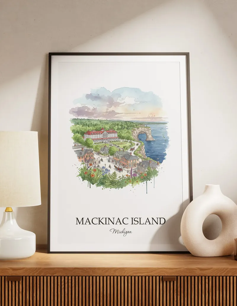 A lovely interior preview showcasing a vintage-vibe travel poster design of the scenic Mackinac Island city.
