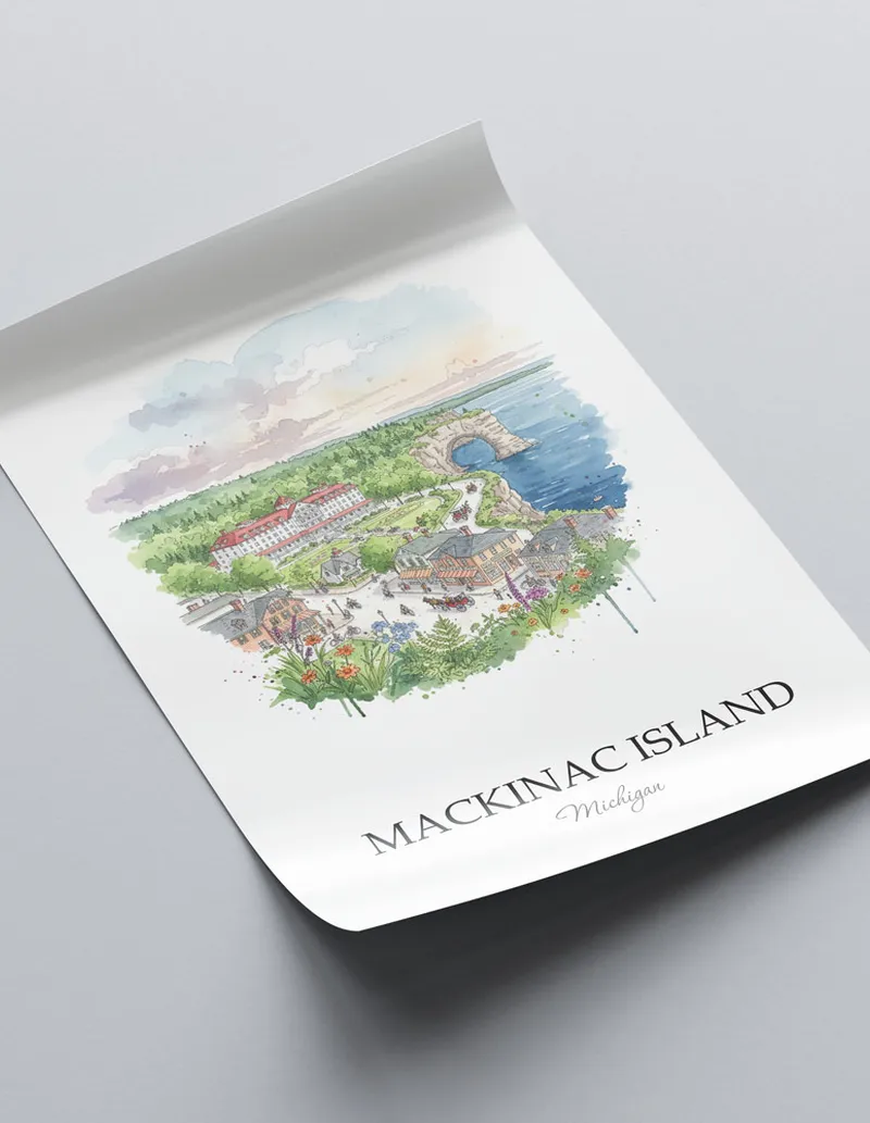 A close-up of a high-quality paper print featuring the Mackinac Island city minimalist design.
