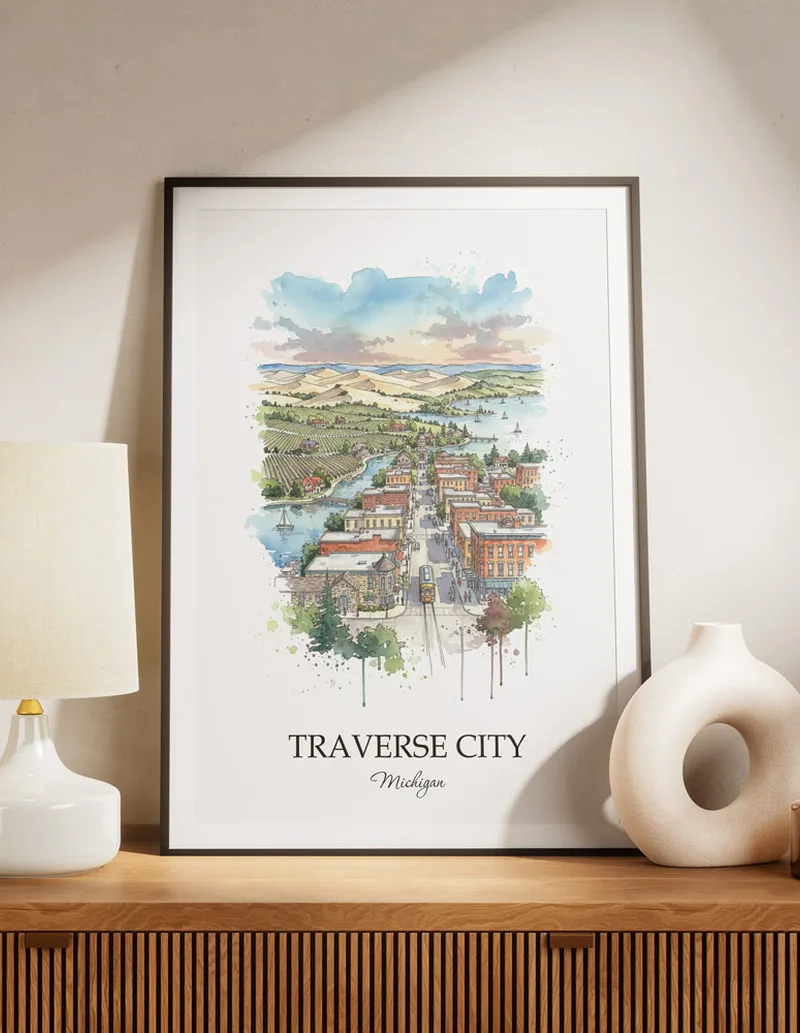A lovely interior preview showcasing a vintage-vibe travel poster design of the scenic Traverse City city.