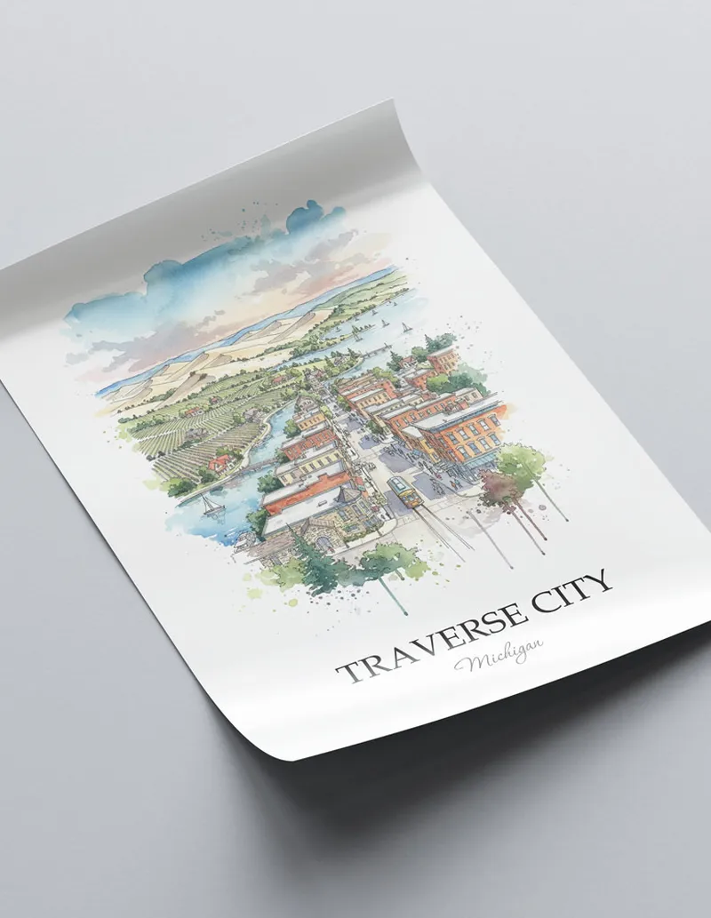 A close-up of a high-quality paper print featuring the Traverse City city minimalist design.