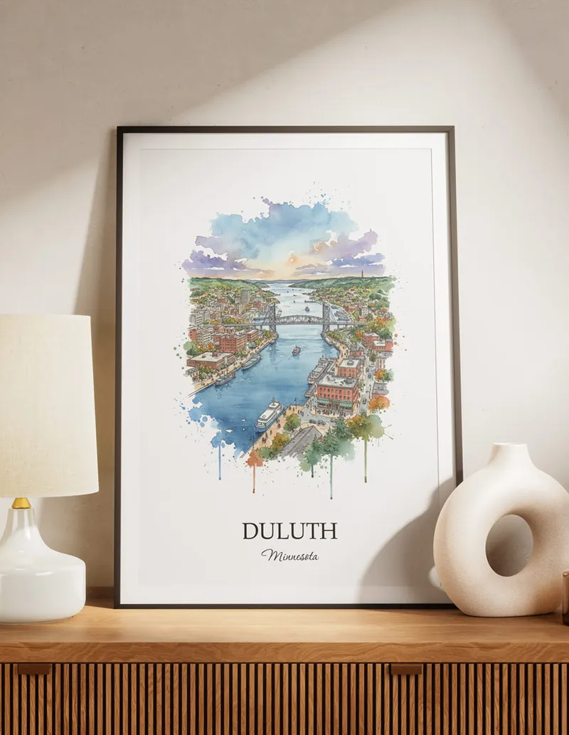 A lovely interior preview showcasing a vintage-vibe travel poster design of the scenic Duluth city.