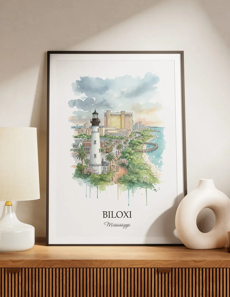 A lovely interior preview showcasing a vintage-vibe travel poster design of the scenic Biloxi city.