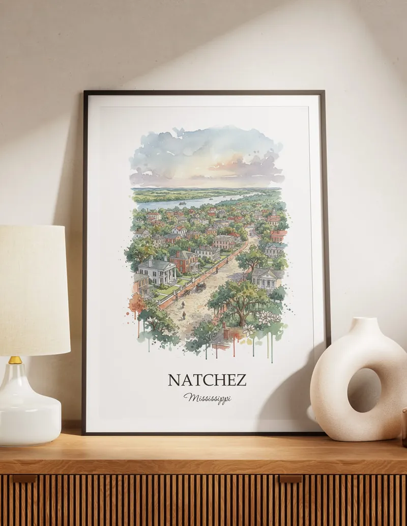 A lovely interior preview showcasing a vintage-vibe travel poster design of the scenic Natchez city.