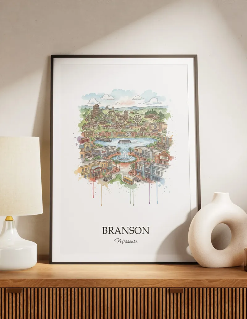 A lovely interior preview showcasing a vintage-vibe travel poster design of the scenic Branson city.