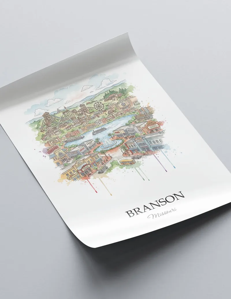 A close-up of a high-quality paper print featuring the Branson city minimalist design.