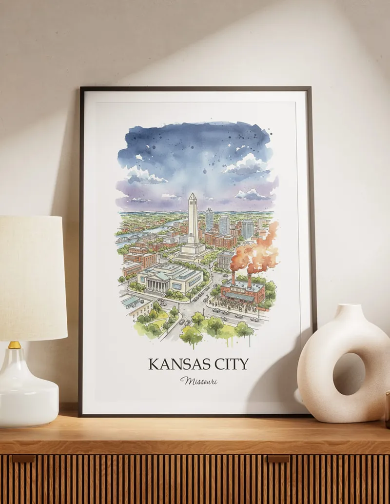 A lovely interior preview showcasing a vintage-vibe travel poster design of the scenic Kansas City city.