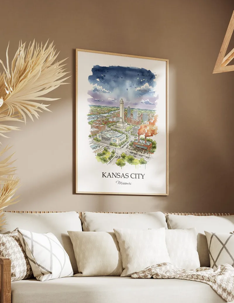 Vintage travel poster of Kansas City city, USA - Missouri in a light frame displayed above a sofa in a bright boho interior.