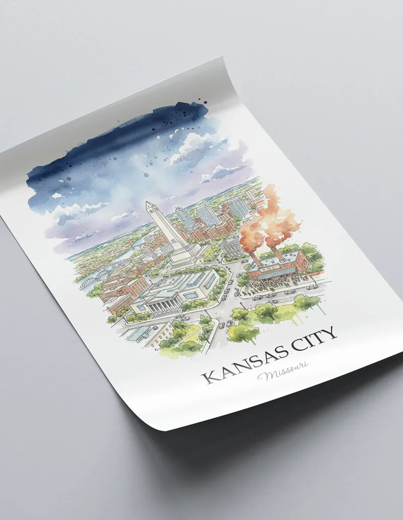 A close-up of a high-quality paper print featuring the Kansas City city minimalist design.