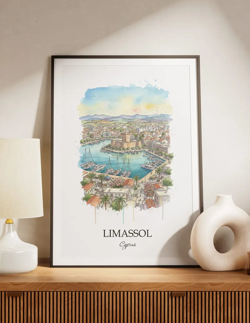 A lovely interior preview showcasing a vintage-vibe travel poster design of the scenic Limassol city.