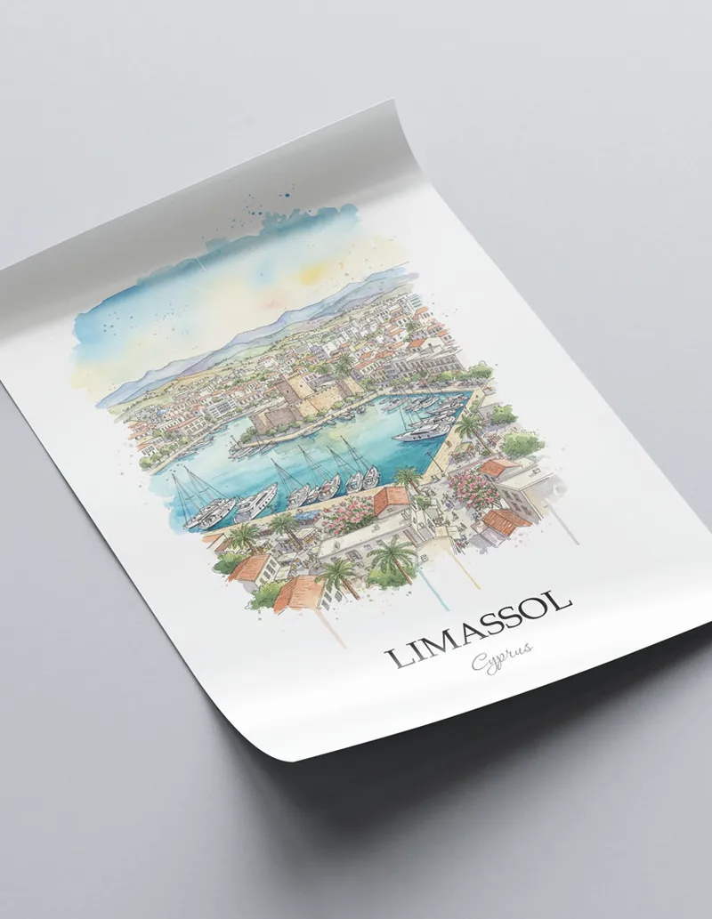A close-up of a high-quality paper print featuring the Limassol city minimalist design.