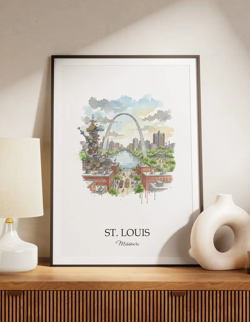 A lovely interior preview showcasing a vintage-vibe travel poster design of the scenic St. Louis city.