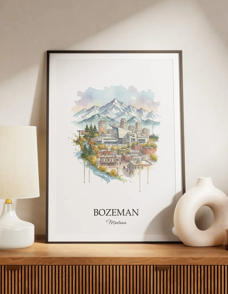 A lovely interior preview showcasing a vintage-vibe travel poster design of the scenic Bozeman city.