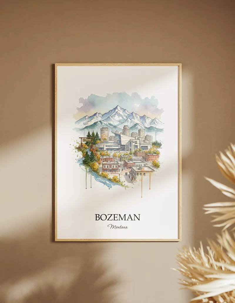 A clean and modern mockup showing a framed Bozeman city print on a minimalist background.