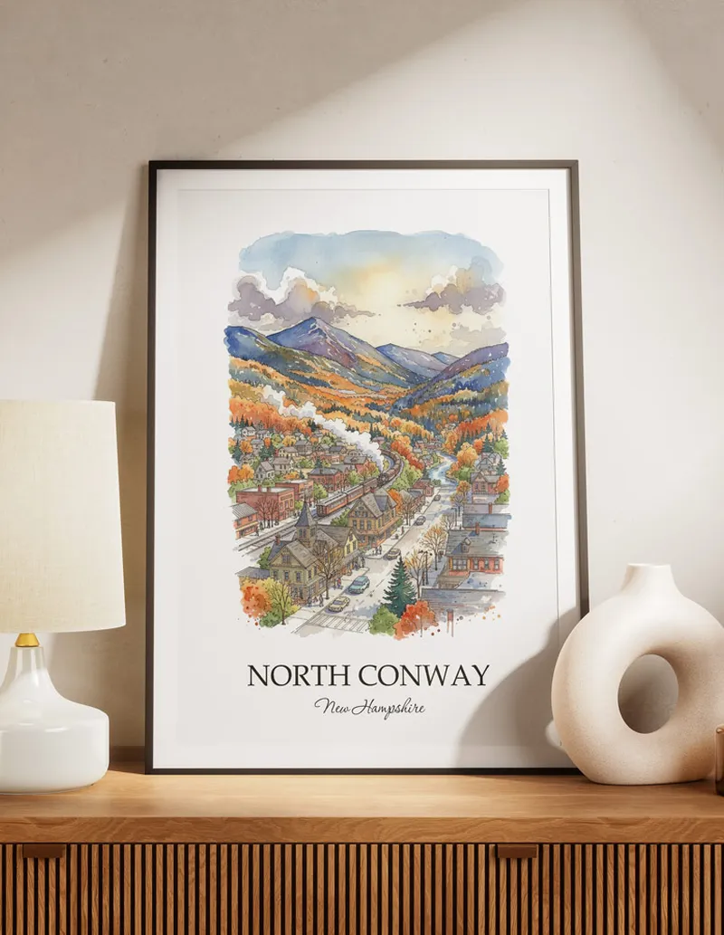 A lovely interior preview showcasing a vintage-vibe travel poster design of the scenic North Conway city.