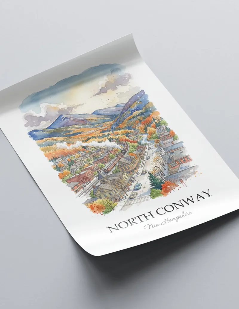 A close-up of a high-quality paper print featuring the North Conway city minimalist design.