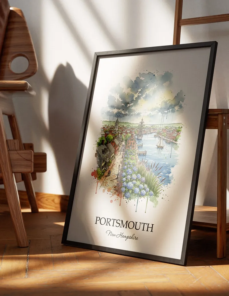 Minimalist poster of Portsmouth city in USA - New Hampshire in a light frame standing on the floor in a dark moody interior.