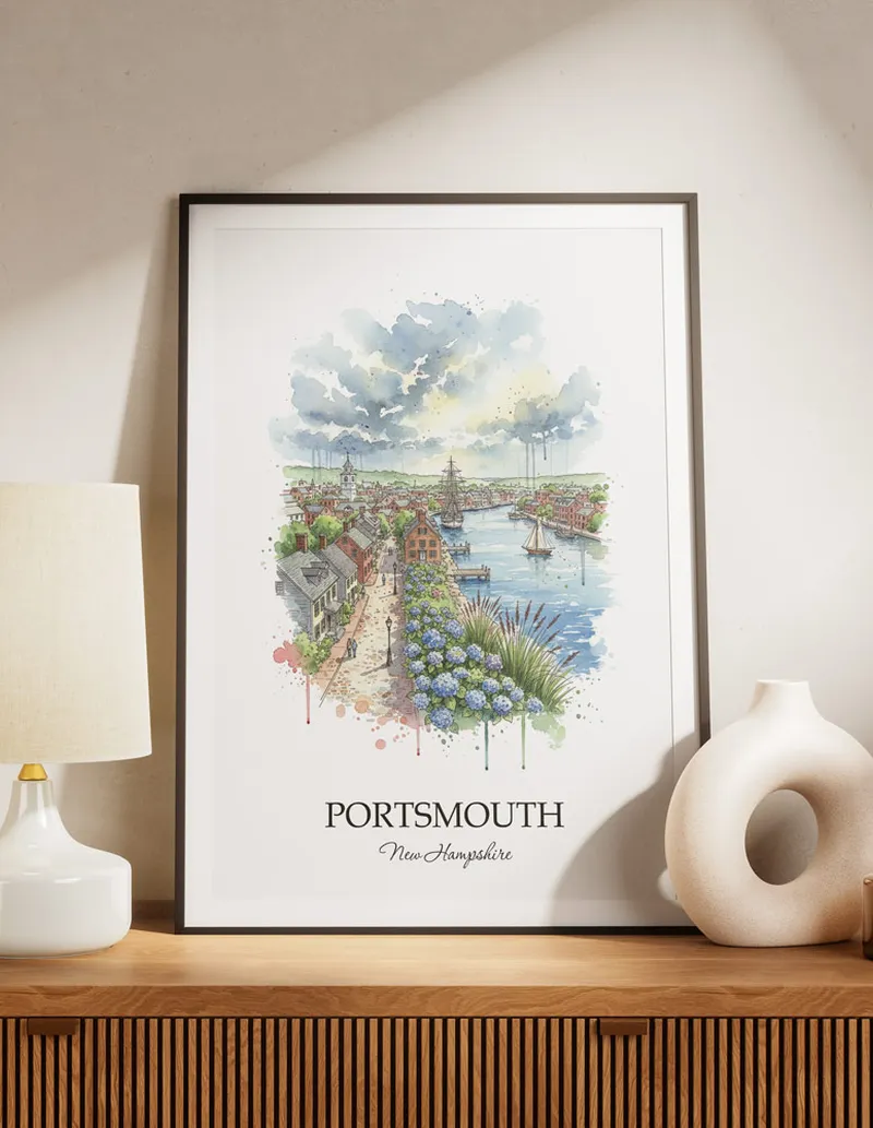 A lovely interior preview showcasing a vintage-vibe travel poster design of the scenic Portsmouth city.
