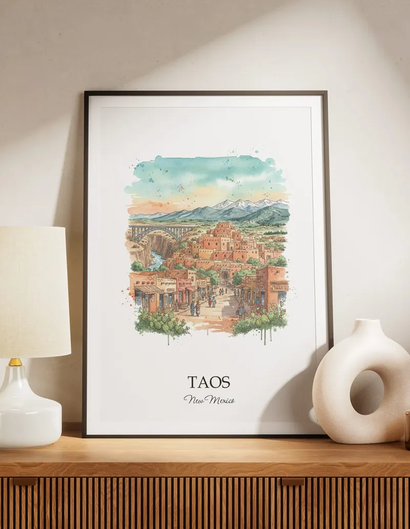 A lovely interior preview showcasing a vintage-vibe travel poster design of the scenic Taos city.