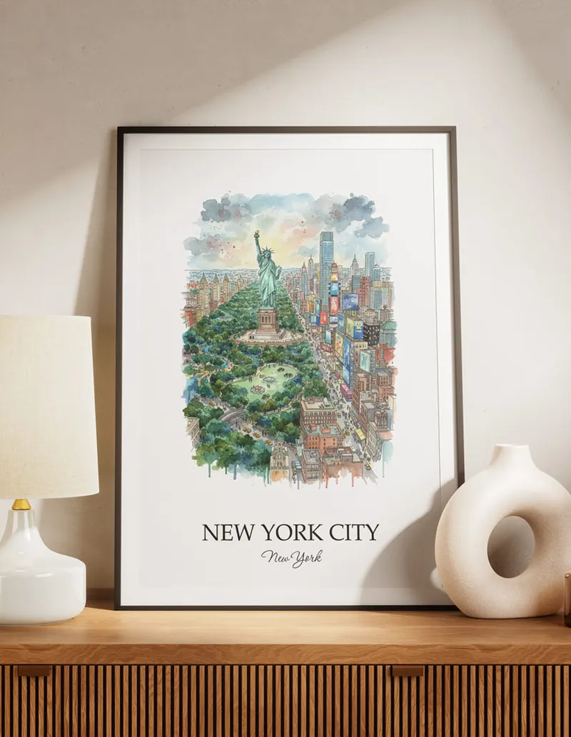 A lovely interior preview showcasing a vintage-vibe travel poster design of the scenic New York City city.